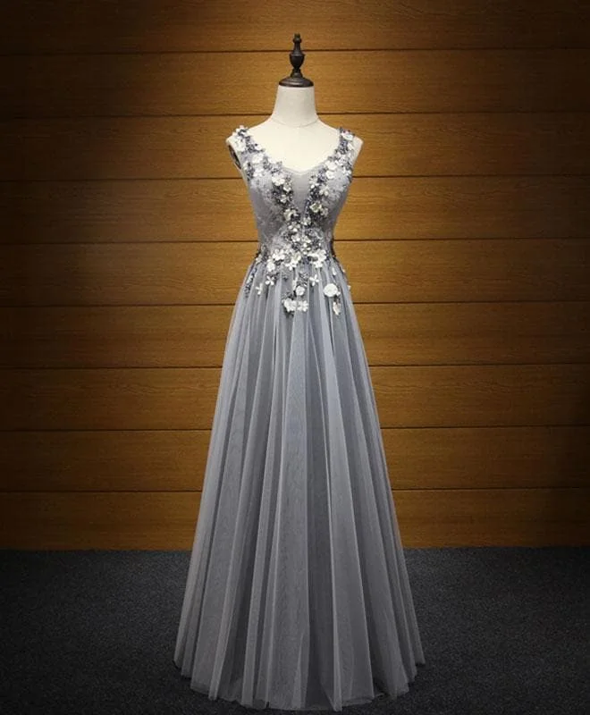 Elegant Gray V Neck Tulle Long Prom Dress, Evening Dress