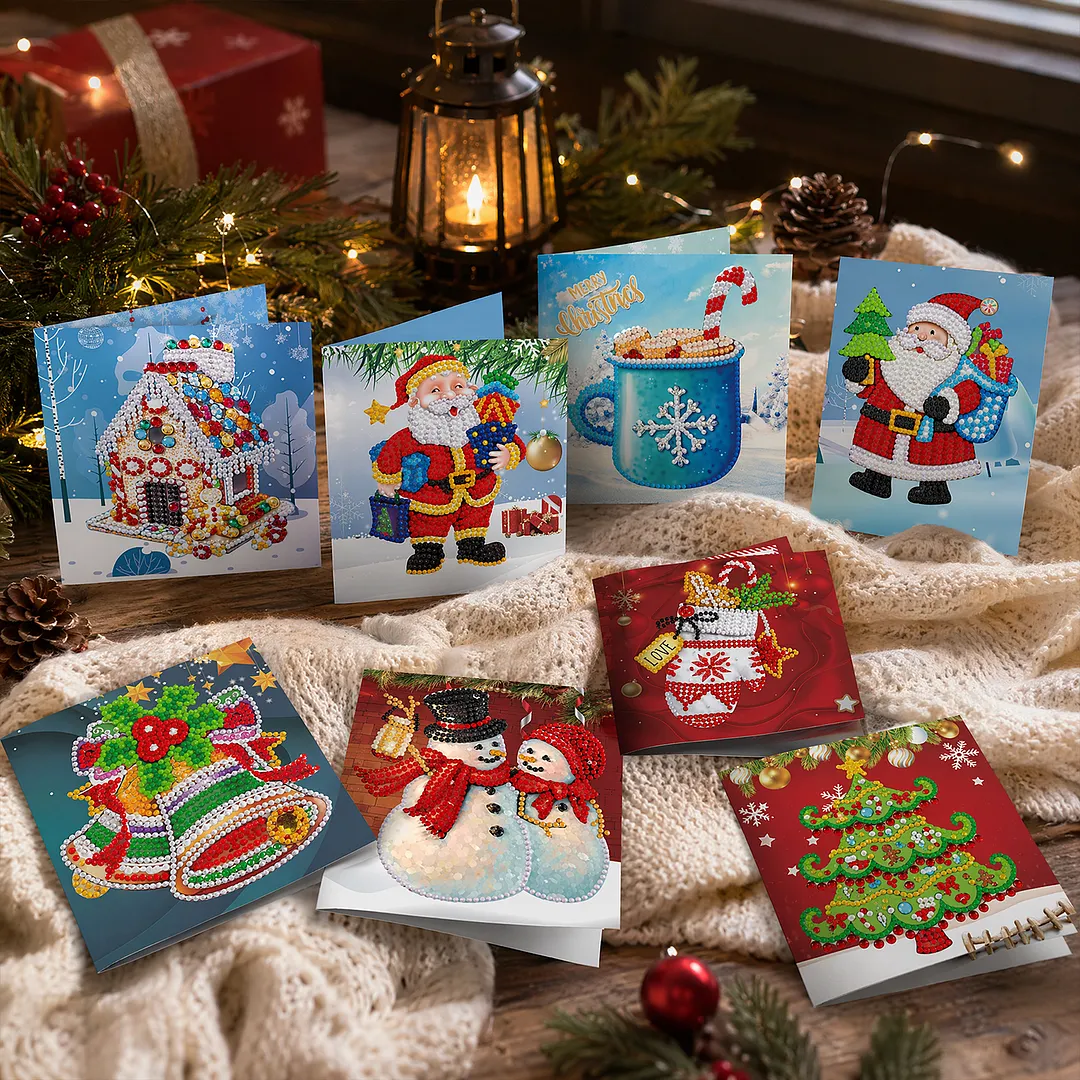 8PCS Merry Chrismas DIY Diamond Painting Greeting Card Kits with Envelopes Diamond Art Greeting Cards Diamond Art Cards Kits for Adults DIY Crafts Family Friend Gifts