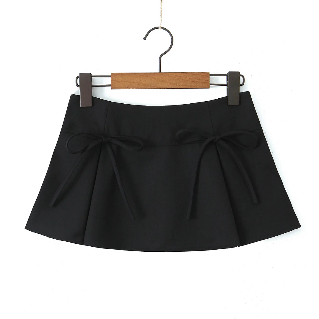 Nncharge Y2K American Retro Women Solid Color Ruched Pleated Bow Front Mini Skirt Side Zipper A-line Short Saia Skirt Cool Girl
