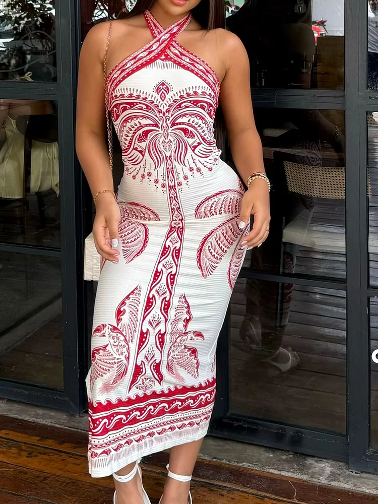 Holiday Print Halter Neck Dress