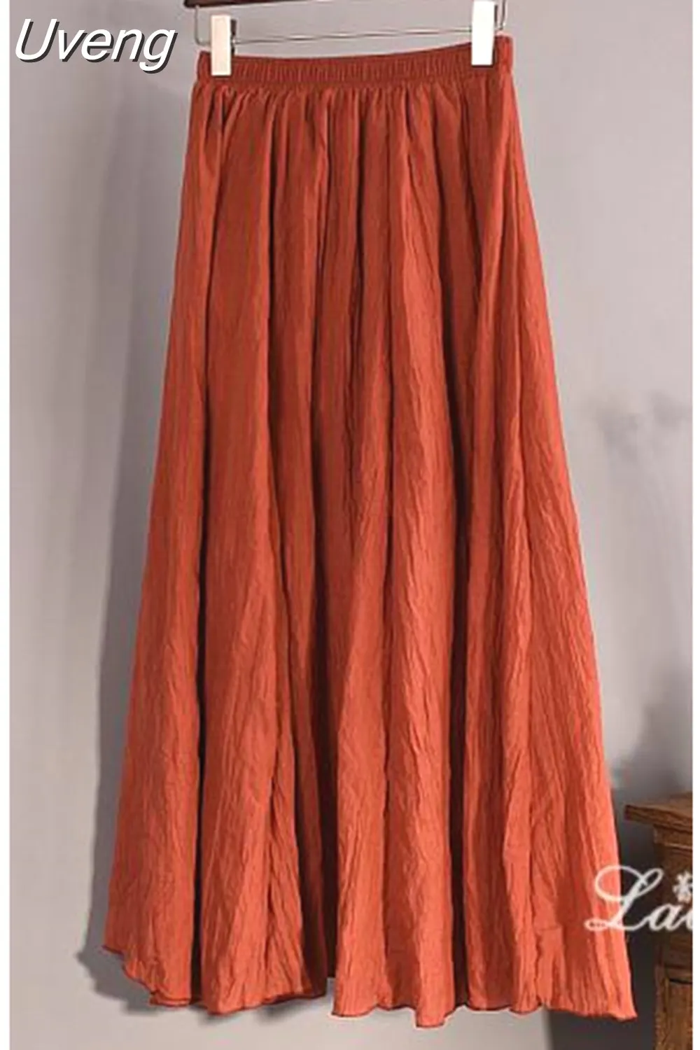 Uveng Women's Elegant 16 Color High Waist Elastic Waist Linen Pleated Long Skirts Ladies Slim Casual Skirt Saias New 2023 Summer SK05