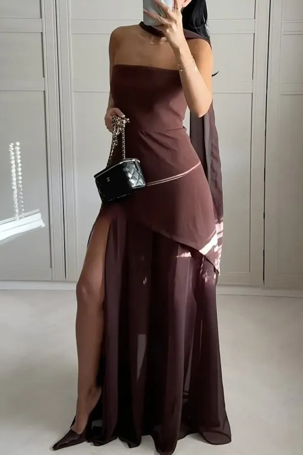 Monaco Off Shoulder Structured Top Chiffon Slit Hem Scarf Maxi Dress