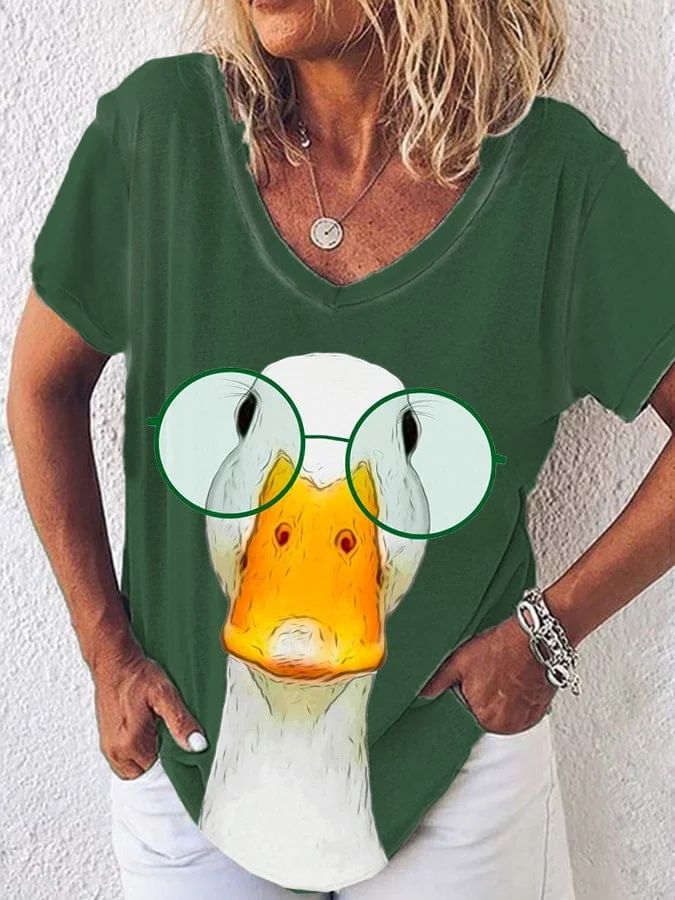 Women's Funny Glasses Animal Duck Print V-Neck T-Shirt