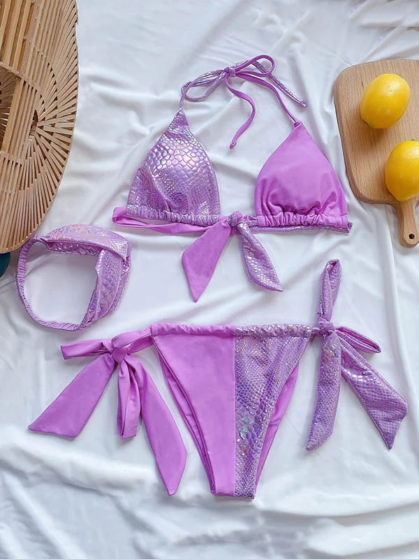 Asymmetric Snake-Print Knotted Triangles Split Bikini Swimsuit+Headband