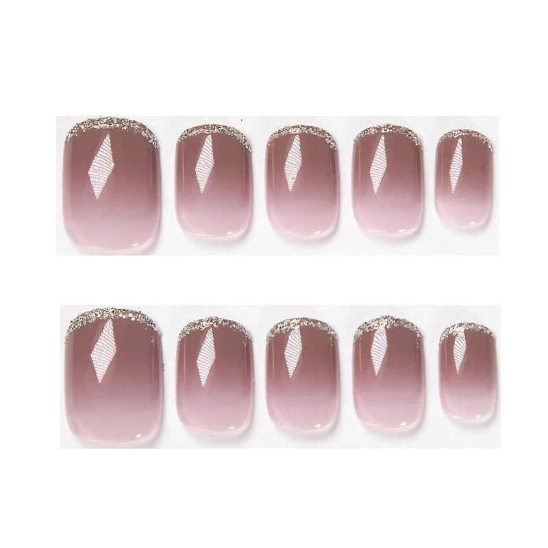 24pcs Glitter Metal Silver Side Short Cover acrylic press on nails with Glue Women Purple Gray Gradient Nude Color Fake Nail-Nail Inspo