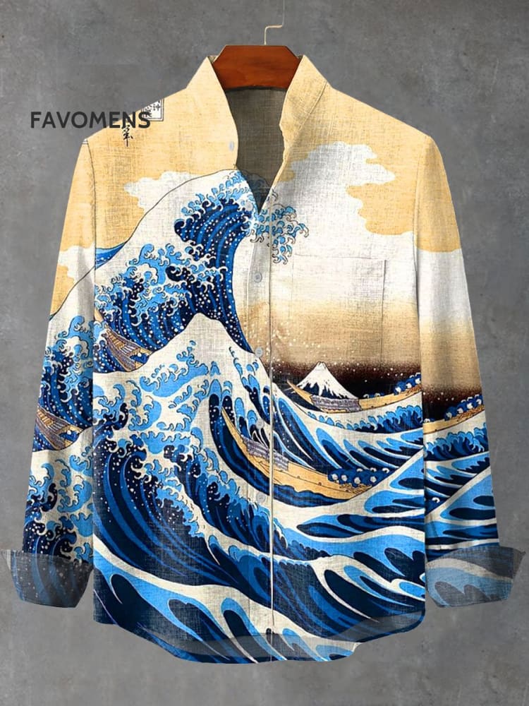 Japanese Ocean Wave Art Print 100% Cotton Long Sleeve Shirt Multicolor / S