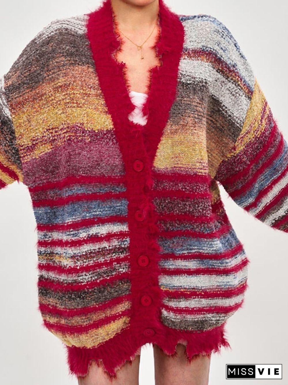 Women's Fall Winter Fashion Slouchy Stripe Button Front Sweater Coats