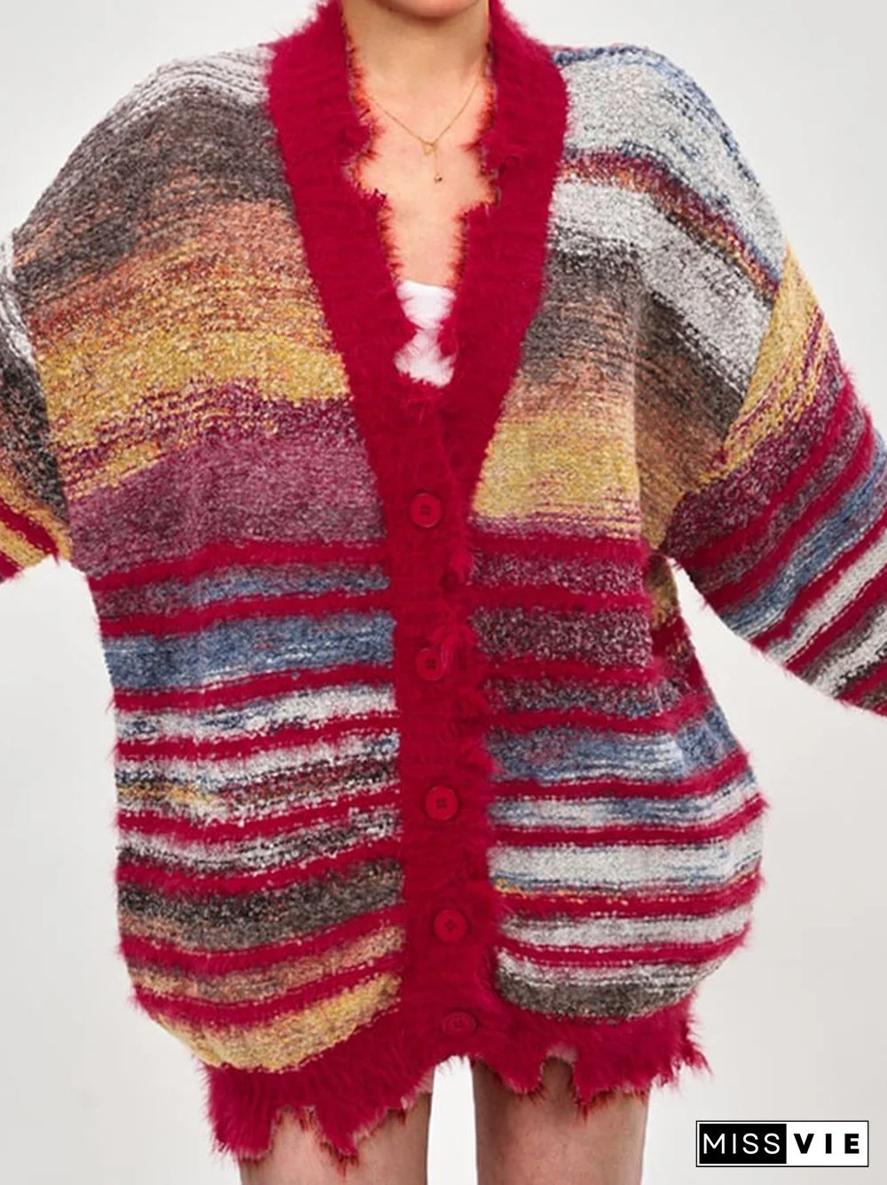 Women's Fall Winter Fashion Slouchy Stripe Button Front Sweater Coats