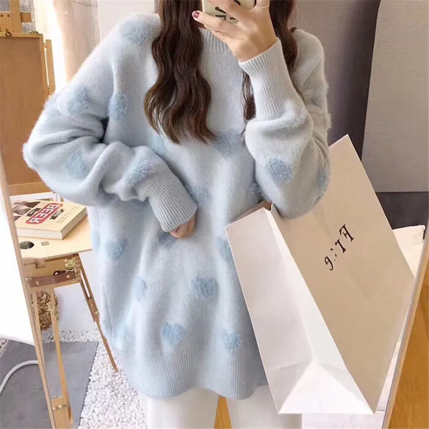Knitted Sweater Women Printed Pullovers Ladies Heart Print Warm Outfits O Neck Sweat Style Jumper Korean Streetwear Sueter Mujer