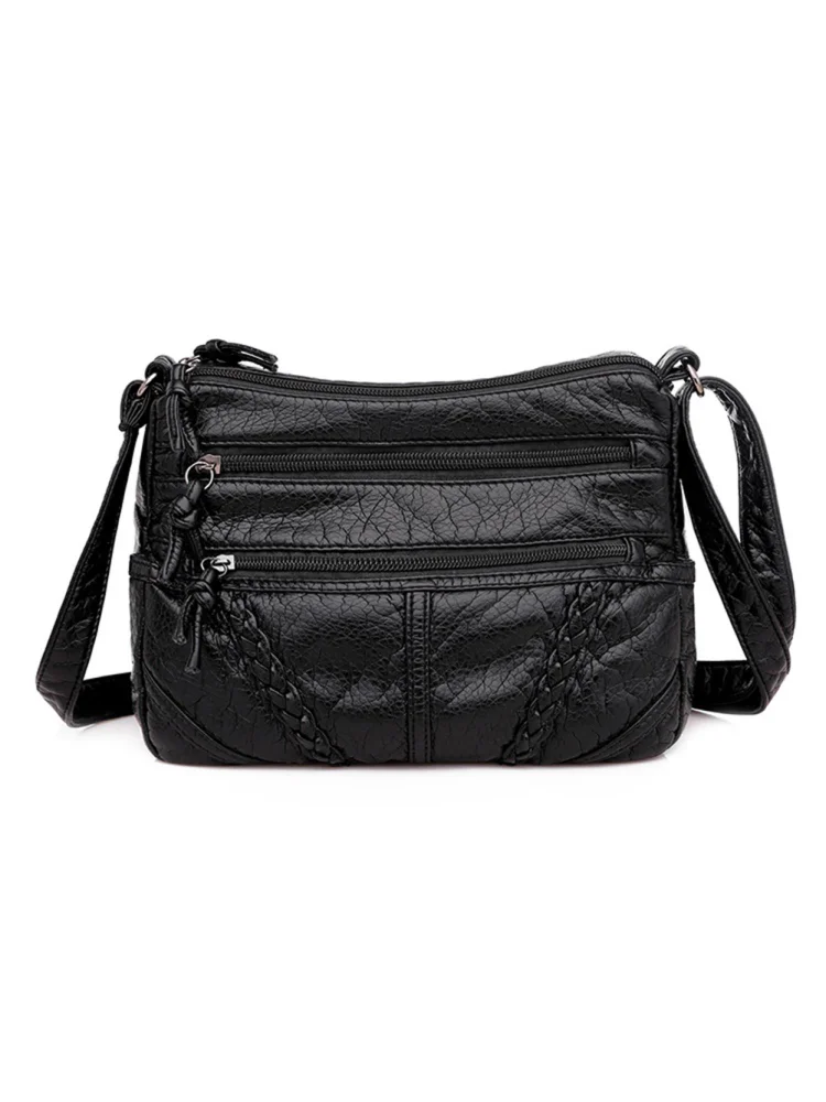 Retro Women Soft PU Leather Pure Color Shoulder Bag Small Handbag (Black)