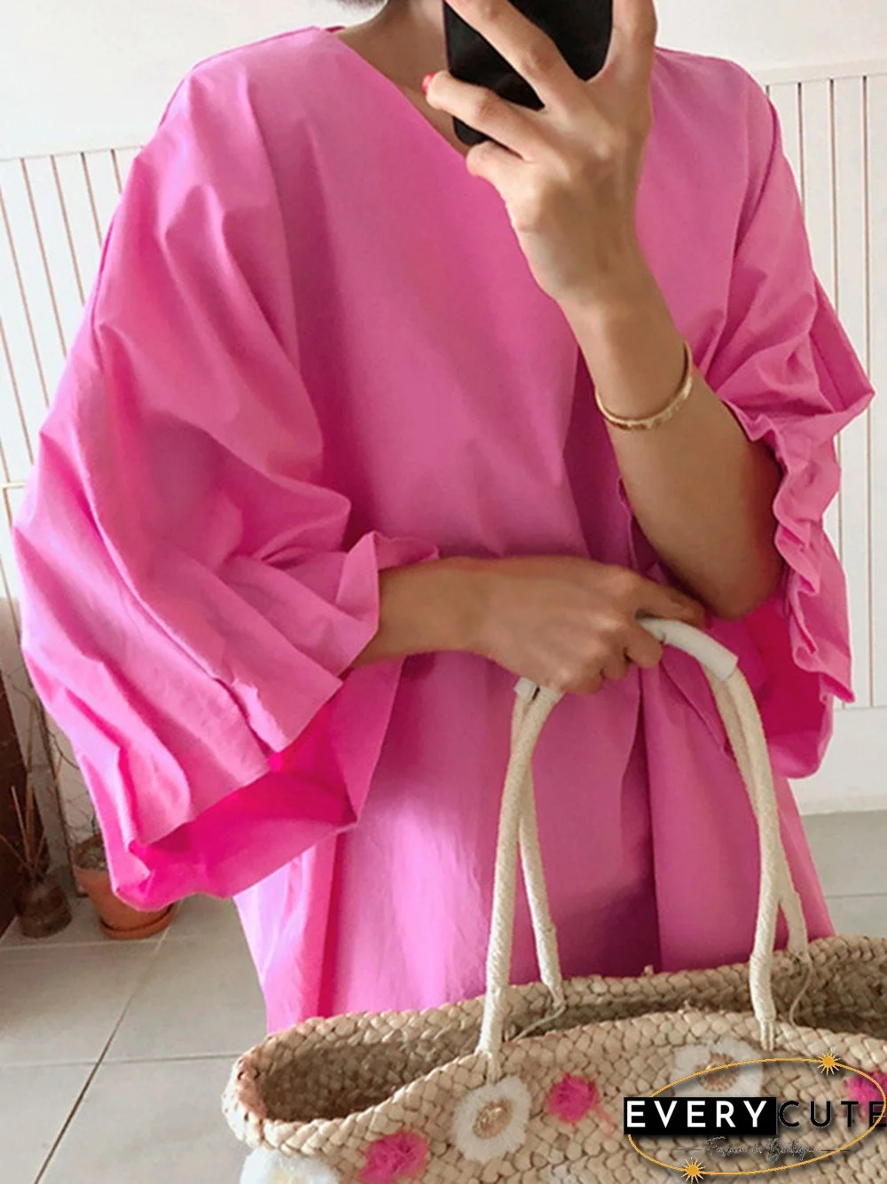 Causal Plus Size Pleated Raglan Sleeve V-Neck Midi Dress