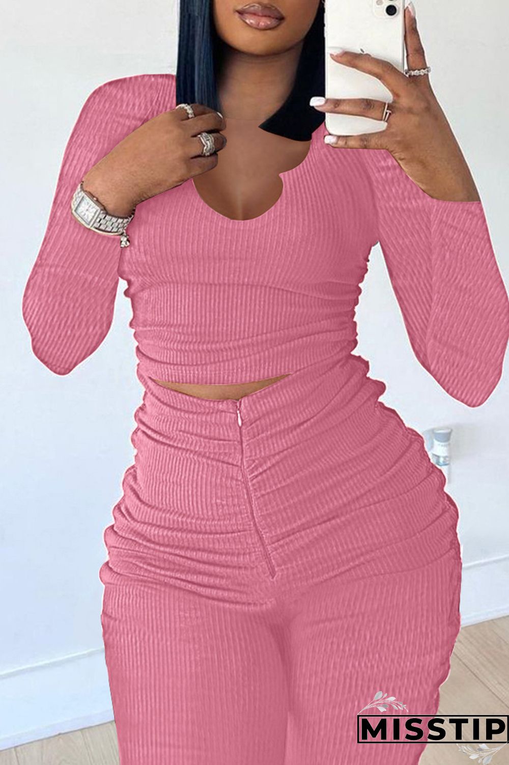 Brownness Fashion Casual Sweet Solid Fold O Neck Long Sleeve Two Pieces