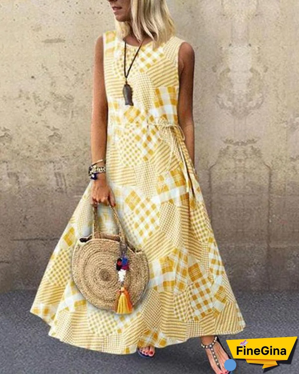 Summer Sleeveless Printed Crew Neck Maxi Dress