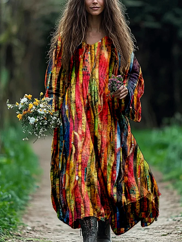 Colorful Boho Patchwork Flowy Linen Maxi Dress