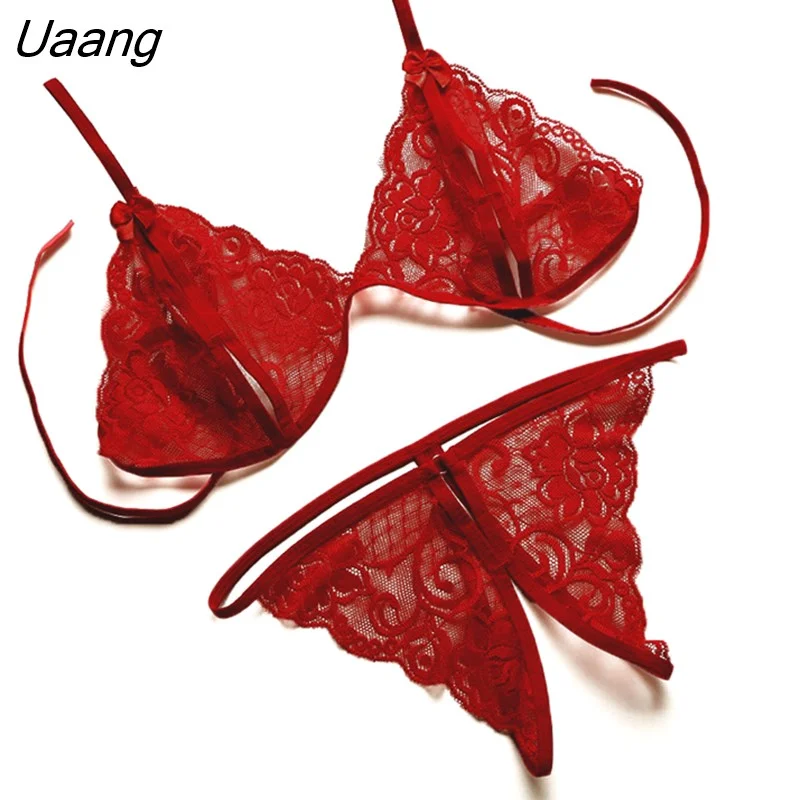Uaang Size Women Lingerie Perspective Lace Bra Hollow Out Thong Set Sexy Women Underwear Sex 1438