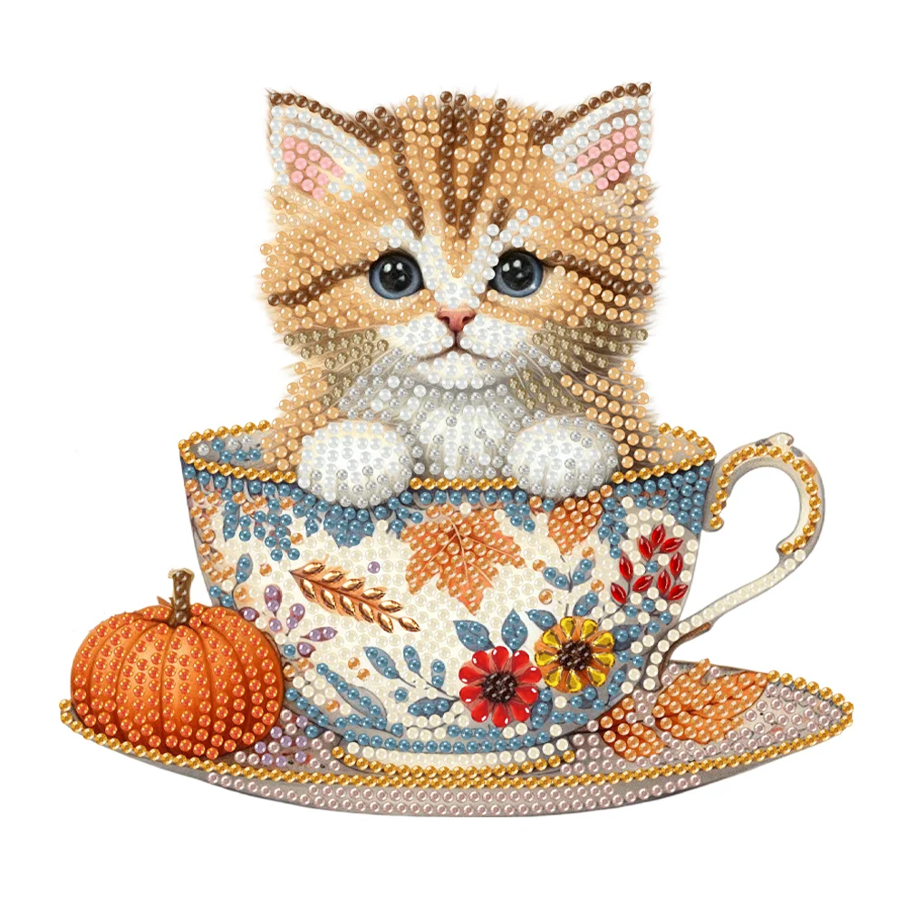 2D Flat Cat DIY Shaking Head Teacup Cat Diamond Painting Desktop Decorations