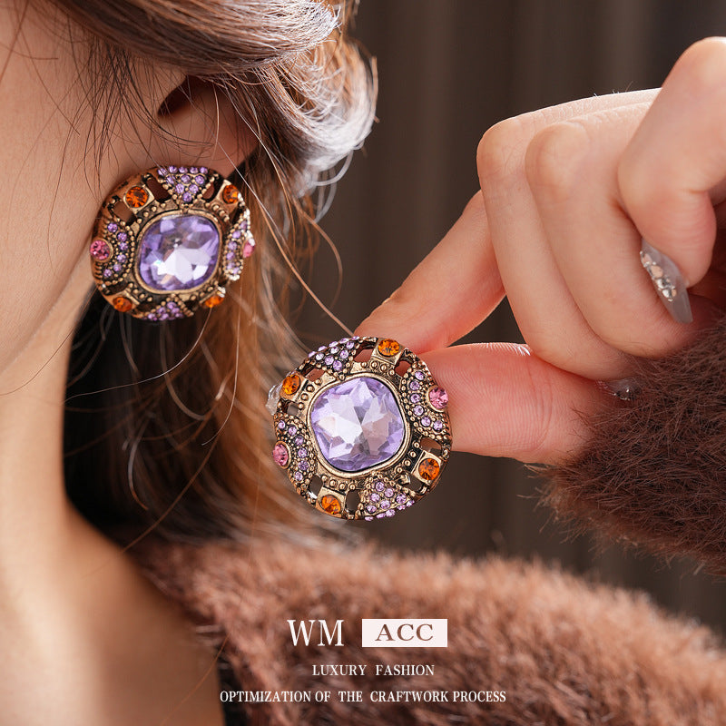 Medieval Quadrilateral Round Geometric Alloy Diamond Inlay Earrings