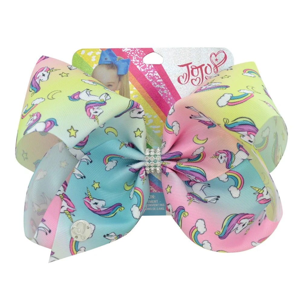 1piece 8"  JoJo Bows Jojo Siwa Mermaid Unicorn Rainbow Printed Bow For Girls Handmade Boutique JoJo Clip Hair Accessories