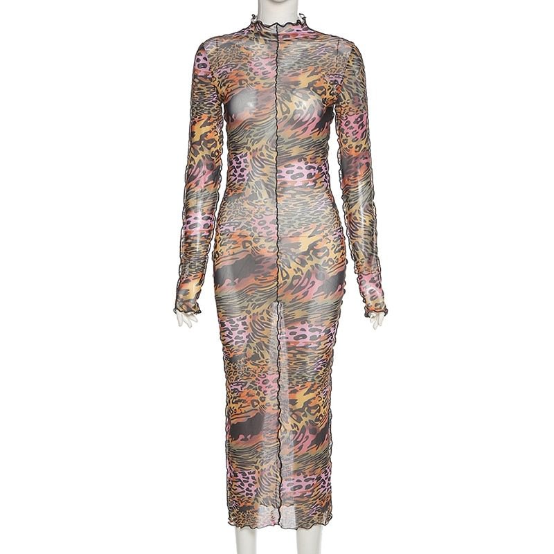 Mesh Farbic Leopard Pattern Print Maxi Dresses For Women Sexy See Through Ruffle Skinny Attractive Clubwear Party Clothing