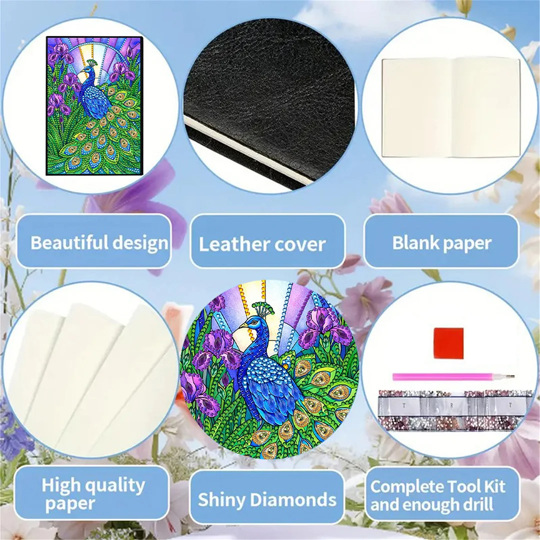 DIY Flower Diamond Painting Journals Notebooks 50 Pages A5 No Lines Special Shaped Diamond Art Kits for Beginners Craft Lovers and Artists (Peacock)