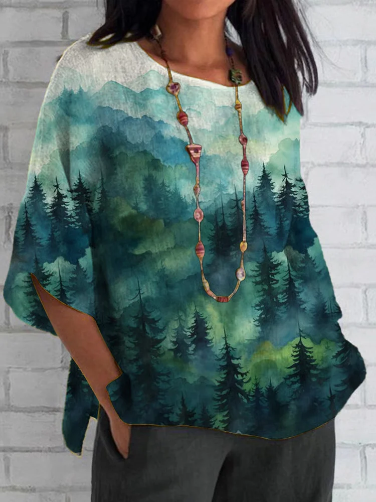Simpfit Lässiges Damenhemd mit Wald- und Berg-Print