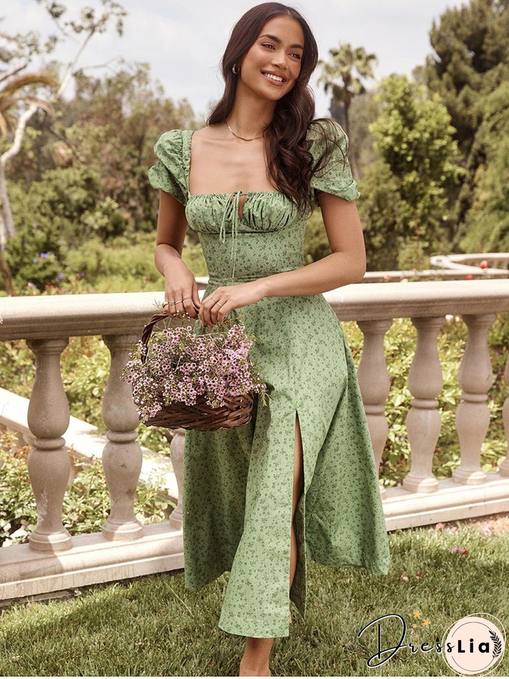 NewAsia Vintage Floral Dress Women Summer Square Collar Puff Sleeve Long Dress Sexy Off Shoulder Side Split A-line Dress