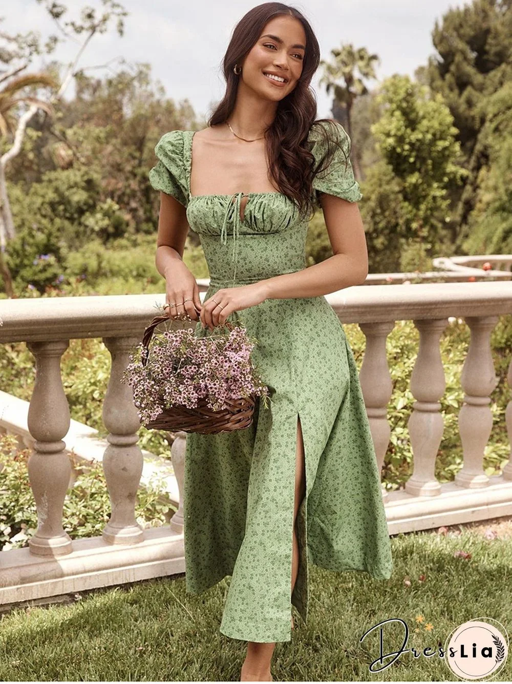 NewAsia Vintage Floral Dress Women Summer Square Collar Puff Sleeve Long Dress Sexy Off Shoulder Side Split A-line Dress