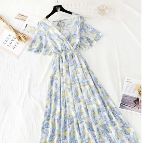 2020 Slim V Neck Summer Midi Long Dress Vestido Party Short sleeve Chiffon dress Women Casual Elegant print A-Line Vestidos