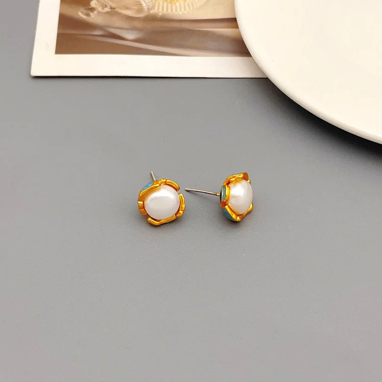 Freshwater pearl handmade enamel earrings