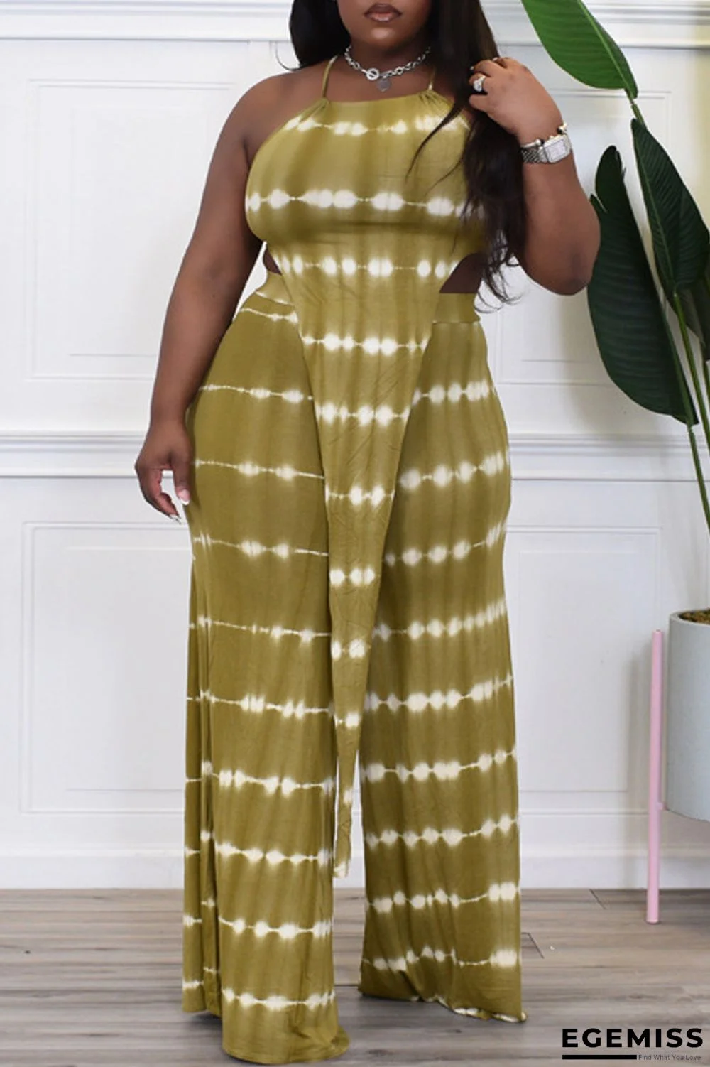 Army Green Sexy Casual Print Backless Asymmetrical O Neck Plus Size Two Pieces | EGEMISS