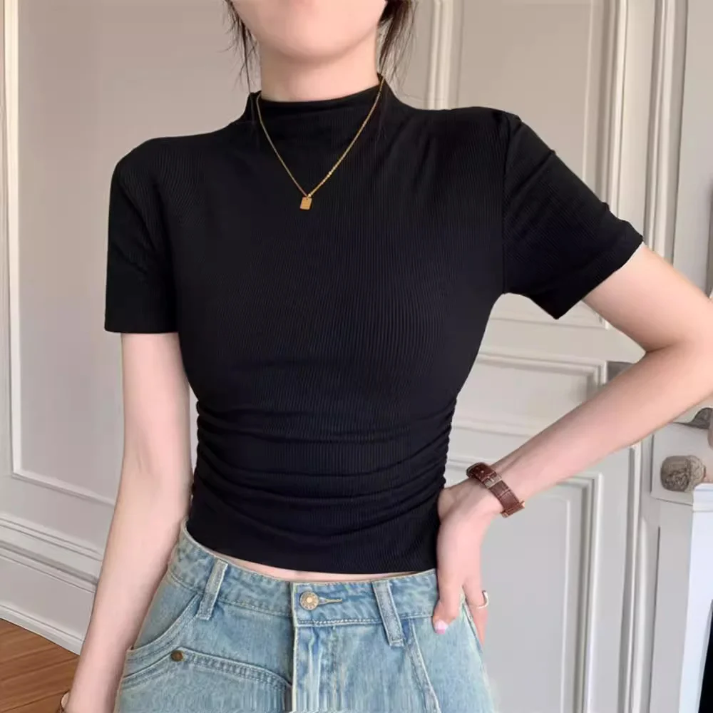 Brownm Brownm Collar Short-Sleeved T-Shirt Women's Summer 2024 New Bottom Shirt With Slim Short Student Pleated Top