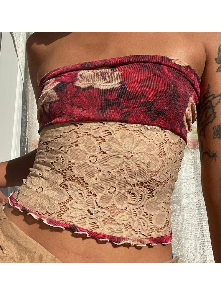 Rapcopter Floral Retro Tube Top y2k Lace Patched Backless Strapless Crop Top Boho Party Beach Mini Vest Women Charming Camisole