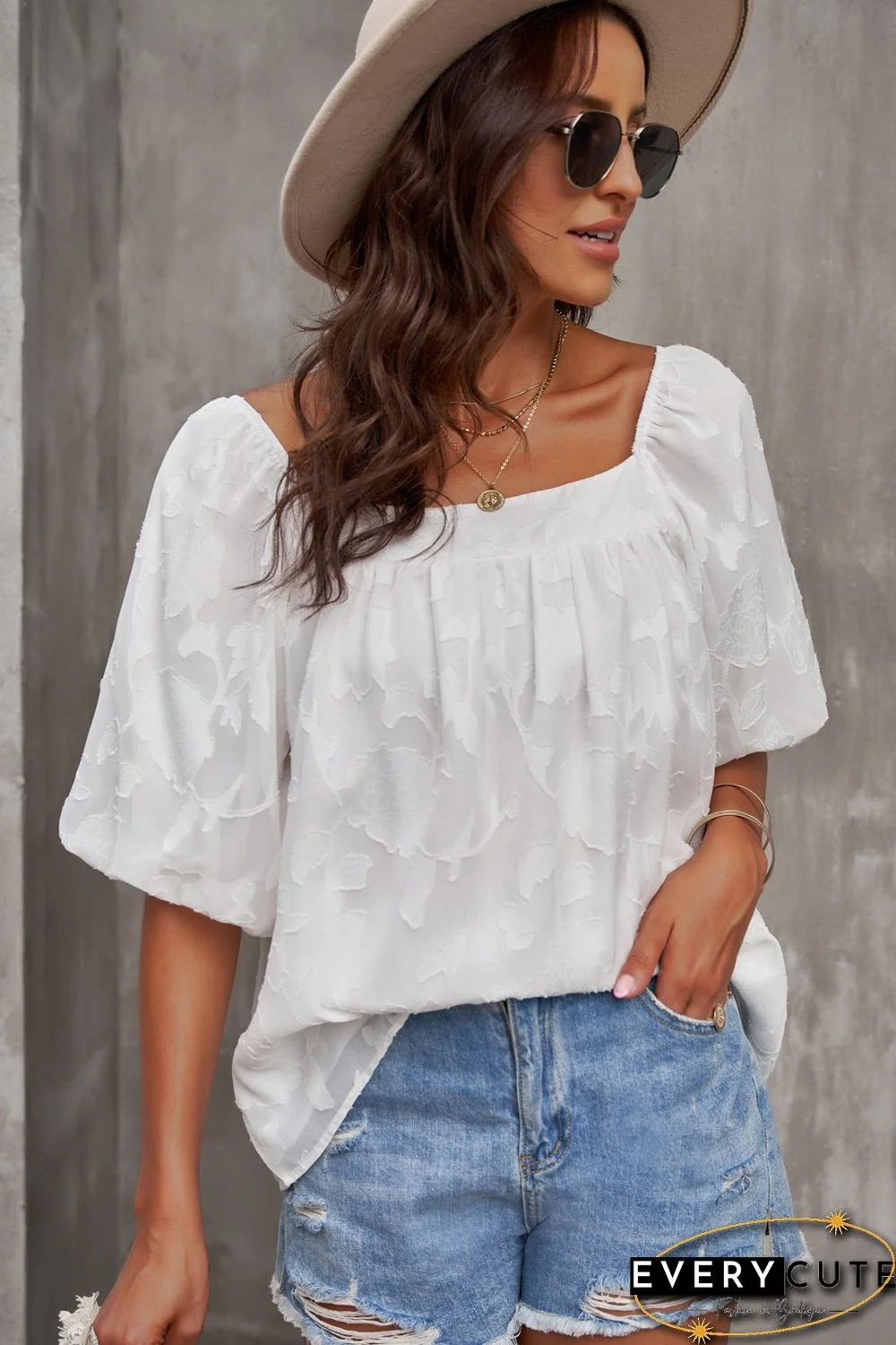 White Lush Printed Balloon Sleeve Ruched Chiffon Top
