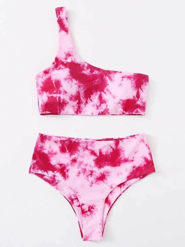 Tie-Dyed One-Shoulder Split Bikini Swimsuit