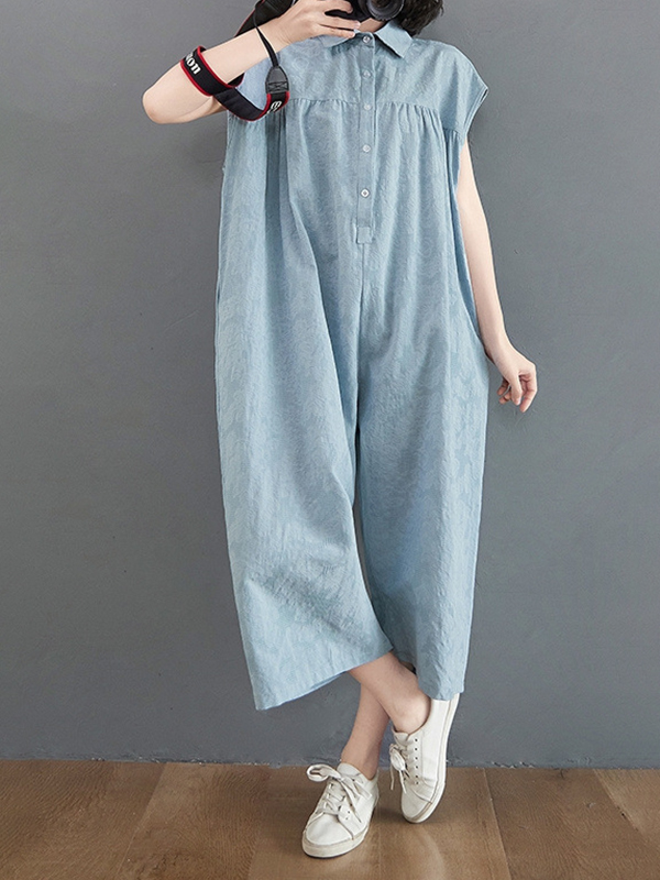 Stand Neck Single Row Button Sleeveless Wide Leg Solid Color Jumpsuit