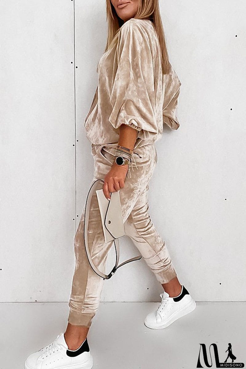 MidiSono - Casual Street Solid Zipper V Neck Long Sleeve Two Pieces