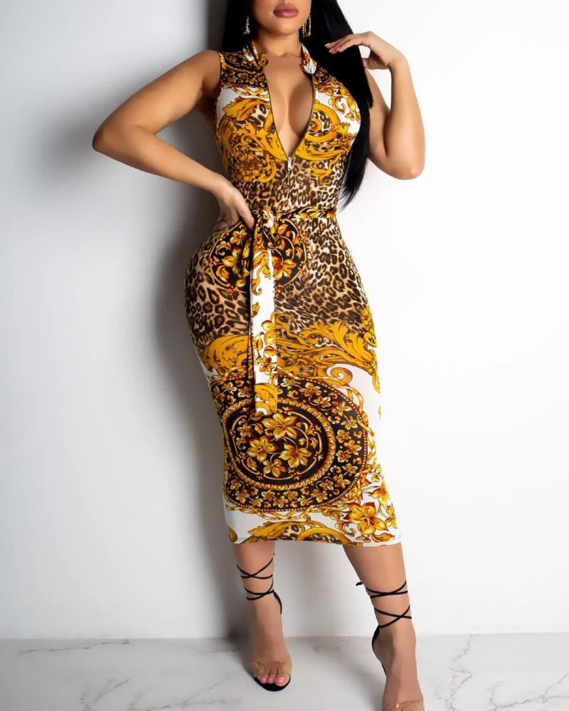 Ethnic Print Zipper Design Midi Dress