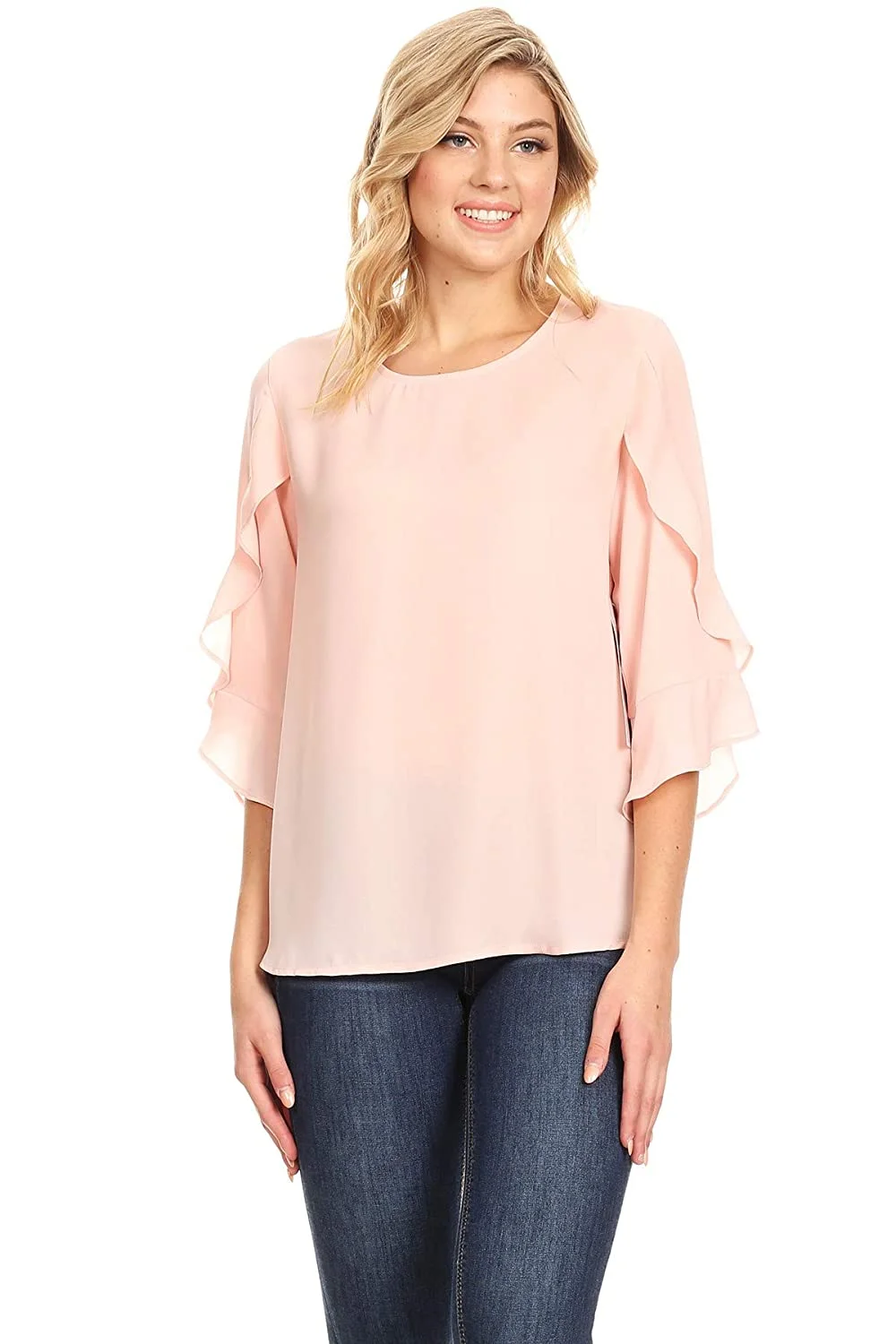 Women's Basic Casual Comfortable Relaxed 3/4 Wrapped Bell Sleeve Blouse Chiffon TOP