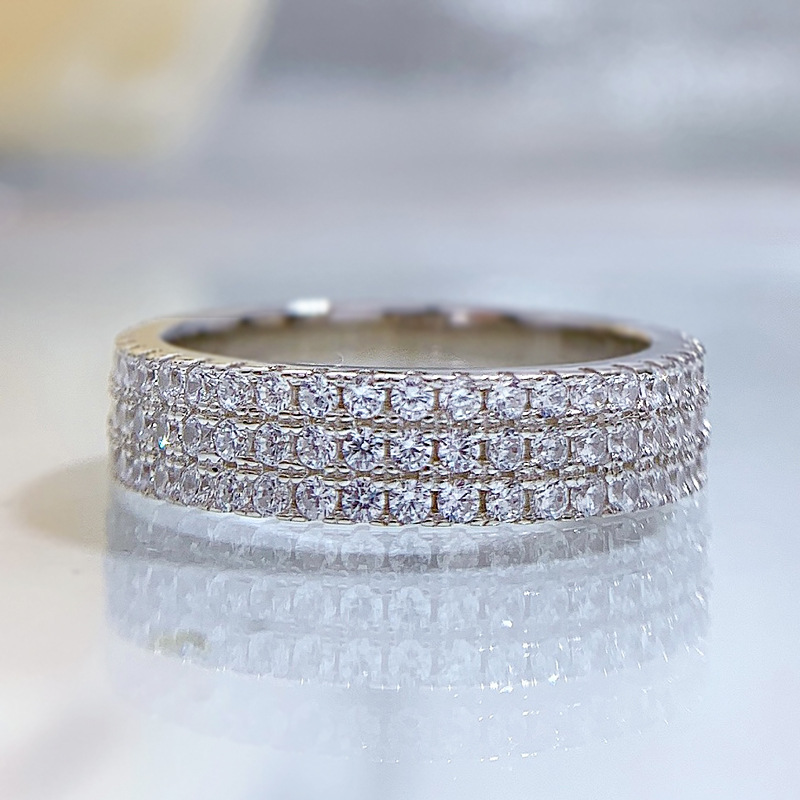 MIKAMU Jewelry Simple Three-Row Full Micro-Pavé Diamond Ring - Elegant Bridal Princess Ring for Women