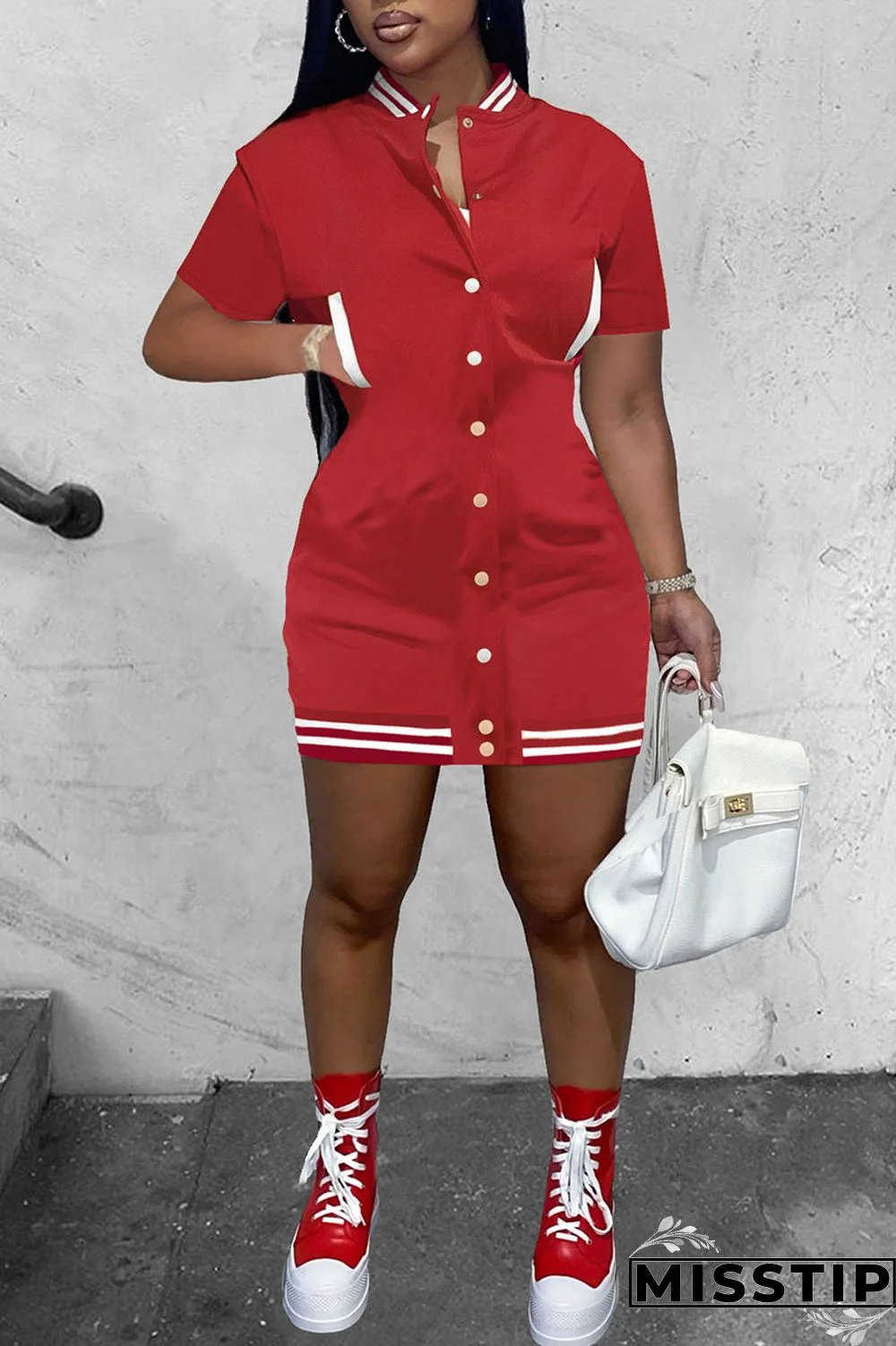 Red Casual Solid Patchwork Pocket Buckle Dresses