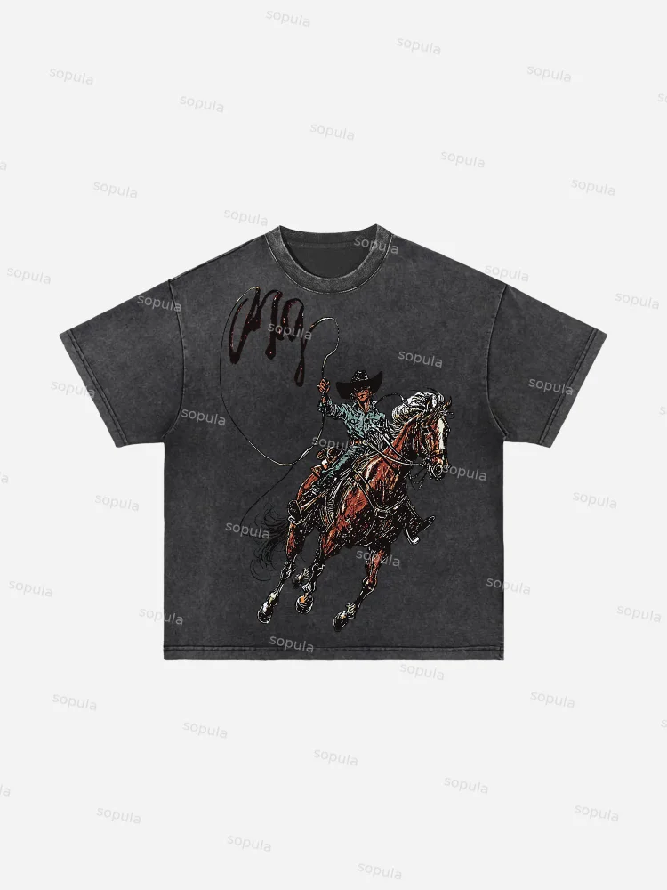 Men's Vintage Western Cowboy Graphic Acid Wash T-shirt