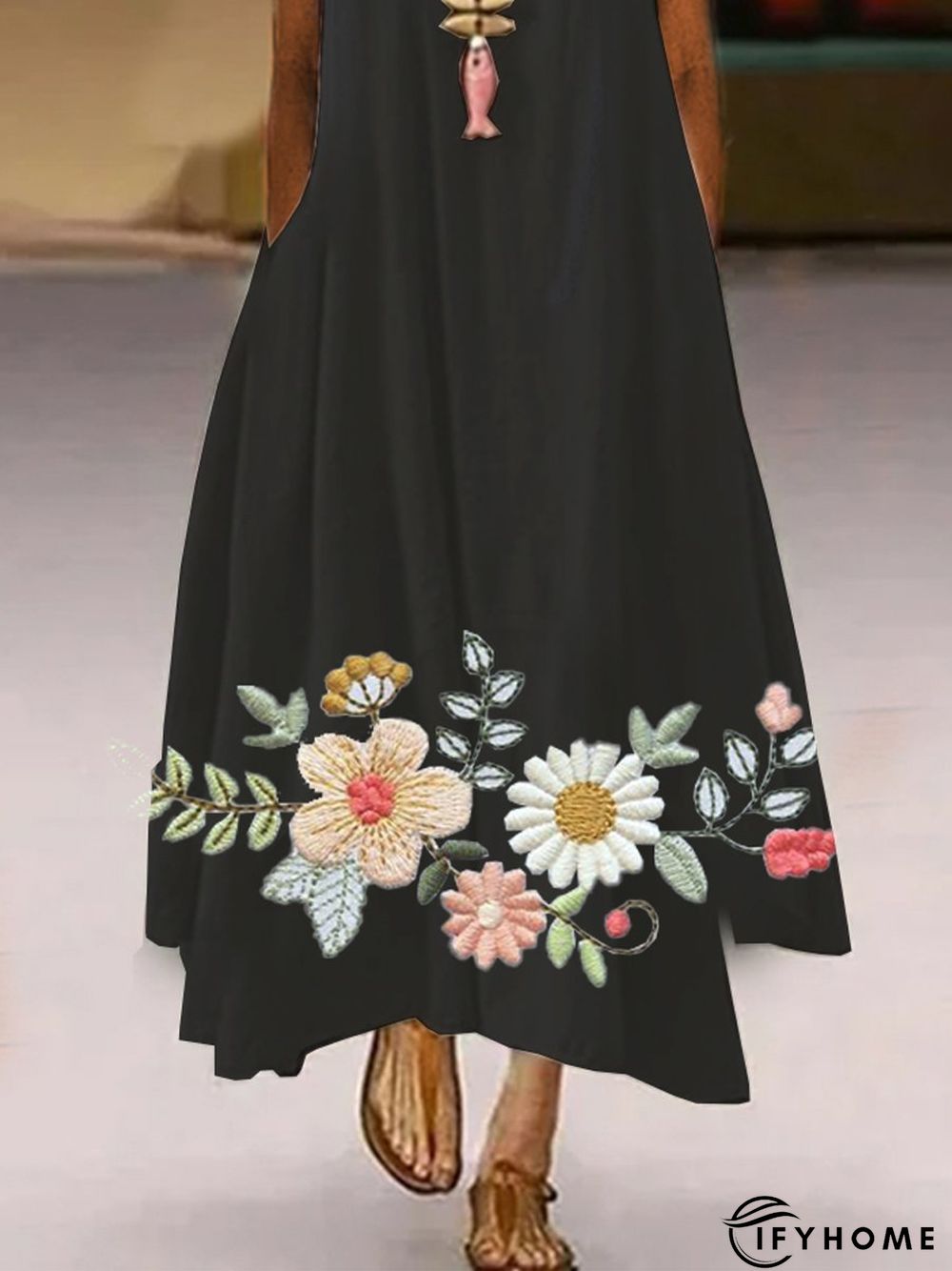 Floral Sleeveless Printed Cotton-blend Crew Neck Vintage Summer Black Dress | IFYHOME