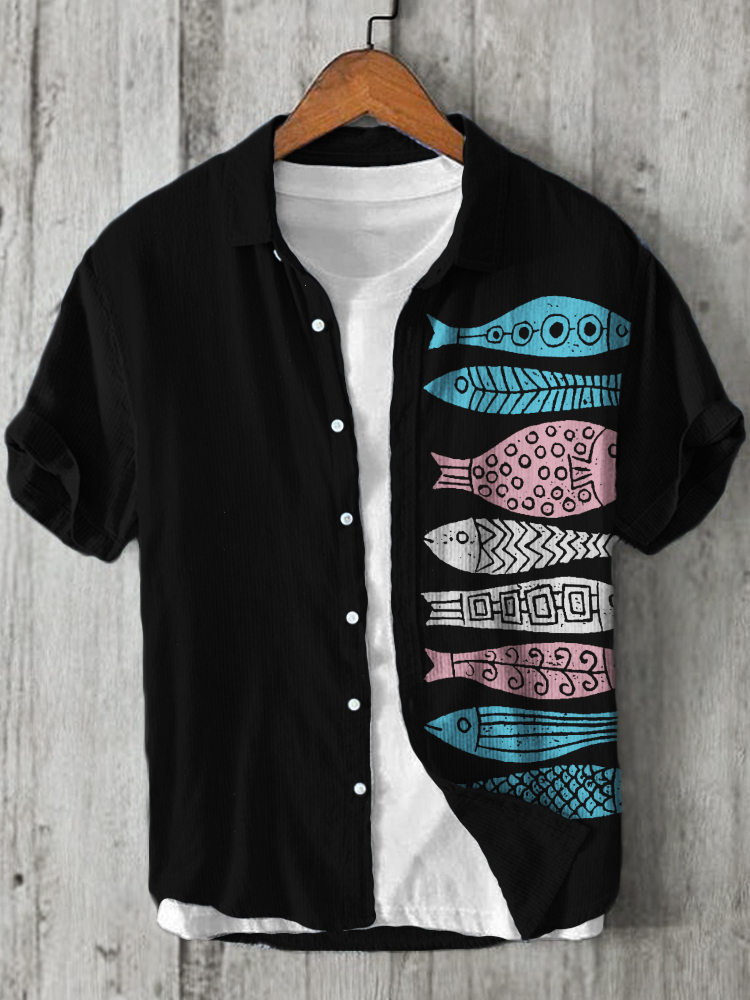 Trans Flag Inspired Fish Japanese Lino Art Linen Shirt
