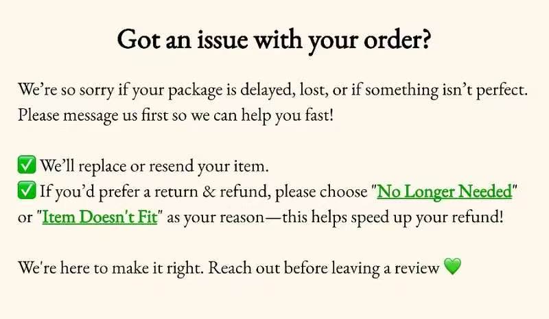 Order support: message us first for fast help, replacement or resend, or return and refund