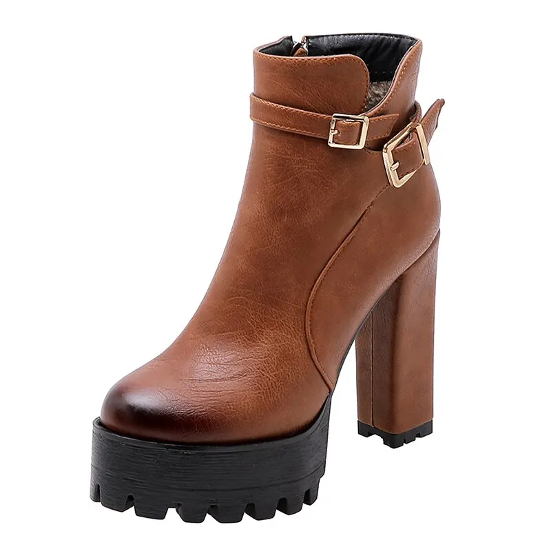 Gdgydh Spring Autumn Ladies Boots With Platform Super High Heel Ankls Boots Black Leather European Style Fashion Buckle Comfort