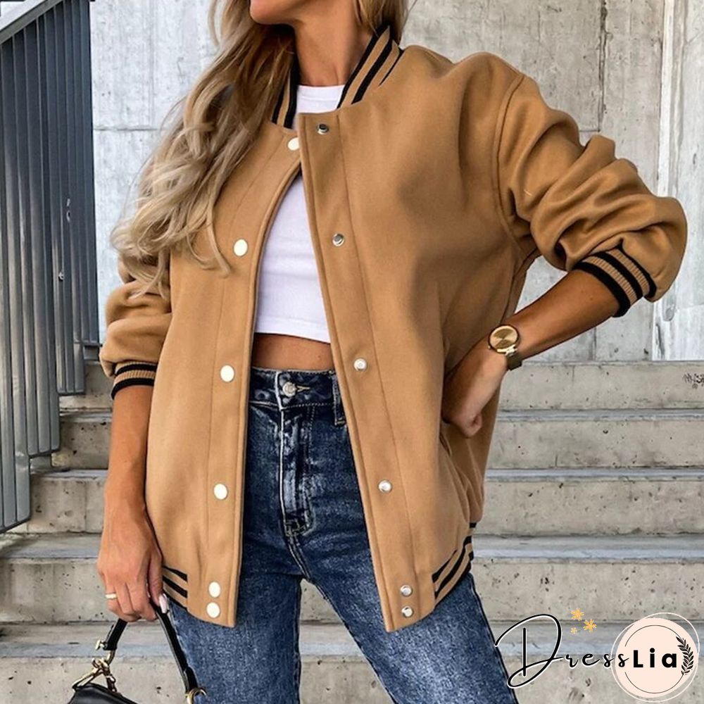 Fashion Contrast Woolen Jacket Women Casual Long Sleeve O Neck Single Breasted Coats Ladies Autumn Loose Pocket Baseball Uniform
