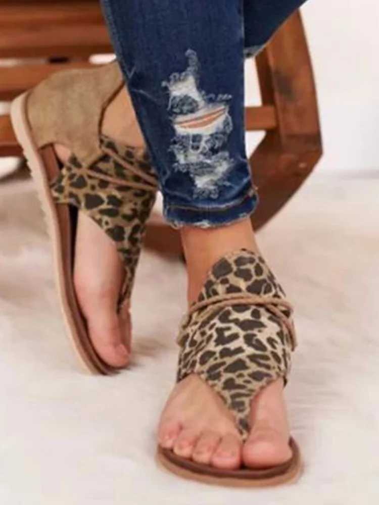 Leopard Print Flat Back Zip Casual Thong Sandals