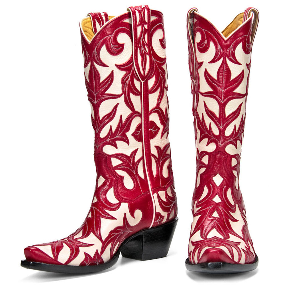 Patchwork Snip Toe Chunky Heel Embroidered Cowgirl Boots in Red Nicepairs