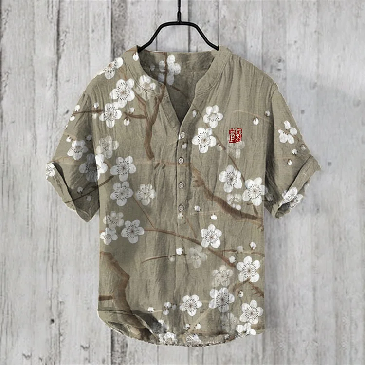 Japanese Plum Blossom Art Casual Linen Blend Shirt