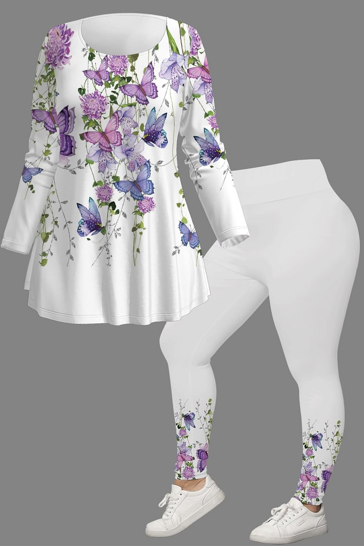 Flycurvy Plus Size Casual White Butterfly Floral Print Two Piece Pant Set  flycurvy [product_label]